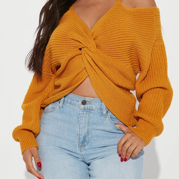NWT Yellow Off the Shoulder Front Twist Crop Top Sweater - Picture 2 of 2